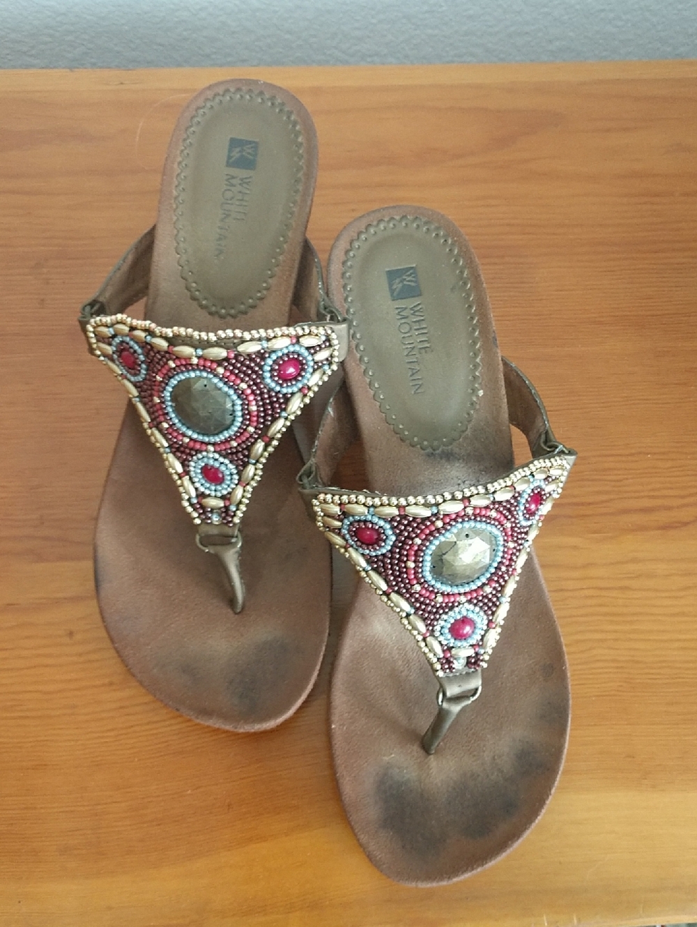 White Mountain Brown Beaded Thong Sandals with Red and Gold Accents